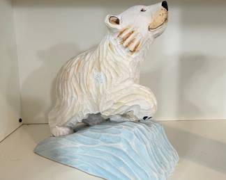 Hand Carved Wooden Polar Bear on Ice Floe Figurine