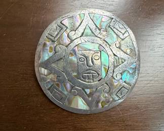 Vintage Mexican Sterling Silver and Abalone Aztec Calendar Brooch/Pendant