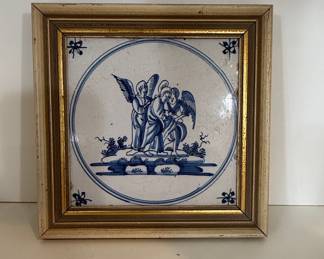 Framed Delftware Tile with Cherubs