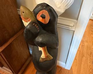 Carved Wooden Bear Chef Holding Fish Statue