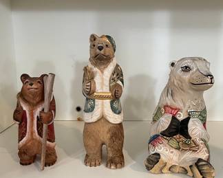 Set of Three Hand-Carved Wooden Russian Folk Art Bears