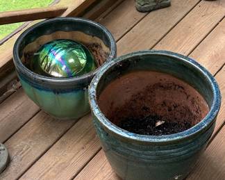 Glazed Ceramic Planter with Decorative Glass Orb