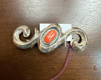 Sterling Silver and Coral Brooch