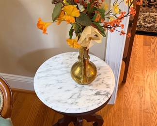 Marble Top Pedestal Accent Table with Brass Vase and Faux Floral Arrangement