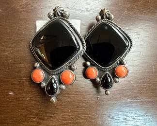 Native American Sterling Silver Onyx and Coral Dangle Earrings
