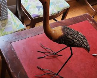 Wooden Heron Sculpture with Bark Body and Wire Legs
