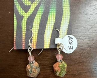 Unakite and Pink Gemstone Dangle Earrings with Silver-Plated Hooks