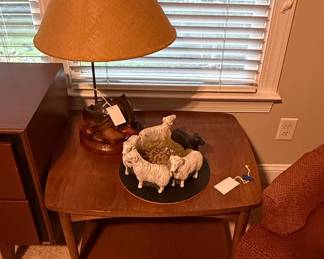 Mid-Century Modern End Table with Decorative Sheep Figurine Lamp