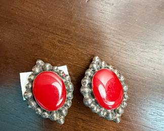 Vintage Sterling Silver and Red Coral Earrings