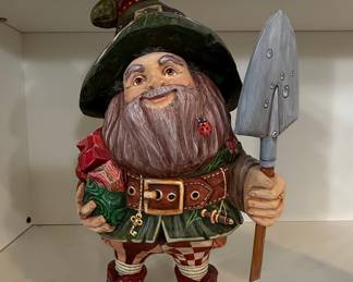 Hand-Carved Wooden Garden Gnome Figurine with Shovel and Gifts