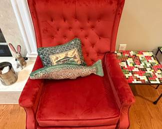 Vintage Danish High Back Armchair in Red Velvet