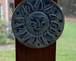 Vintage Blue Glazed Ceramic Sun Face Wall Plaque