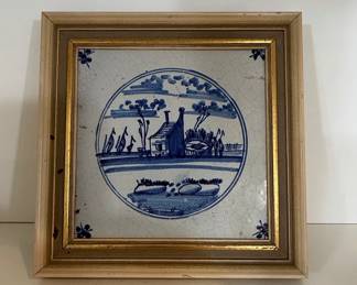 Framed Blue and White Delft Tile with Farm Scene