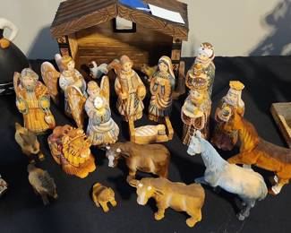 Hand-Carved Wooden Nativity Scene Set with Stable