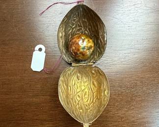 Victorian Walnut-Shaped Locket or Trinket Box with Ceramic Ball