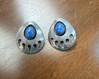 Native American Sterling Silver and Lapis Lazuli Bear Paw Shadowbox Earrings