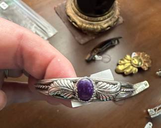 Native American Sterling Silver Amethyst Feather Cuff Bracelet