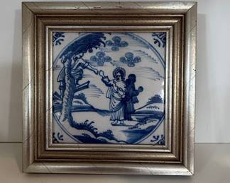 Framed 18th Century Dutch Delft Tile Depicting a Biblical Scene
