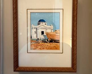 Watercolor Painting of Greek Island Church and Boat