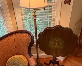 Vintage Brass Swing Arm Floor Lamp with Scalloped Pedestal Table