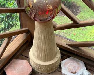 Mottled Iridescent Gazing Ball with Decorative Concrete Pedestal