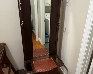 Antique Oak Hall Tree with Mirror and Upholstered Seat
