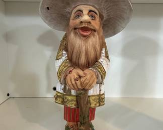 Hand Carved Wooden Gnome with Mushroom Hat and Insects