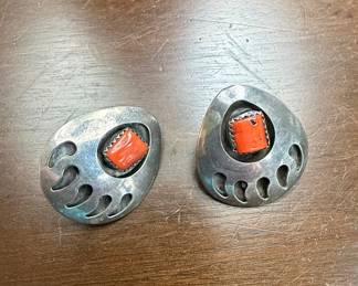 Native American Sterling Silver and Coral Bear Paw Earrings