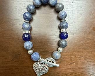Sodalite and Blue Crystal Beaded Stretch Bracelet with Filigree Heart Charm