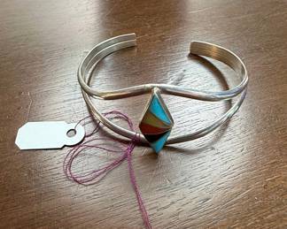 Inlaid Turquoise, Coral, Onyx, and Mother of Pearl Southwestern Cuff Bracelet