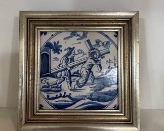 Antique Blue and White Delft Tile - Christ Carrying the Cross, 18th Century