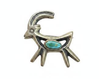 Native American Sterling Silver Turquoise Ram/Goat Brooch