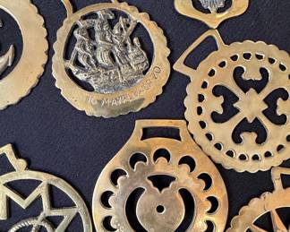 Collection of Vintage Brass Horse Bridle Ornaments with Nautical and Royal Motifs