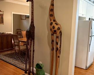 Hand-Carved Wooden Giraffe Statues (Set of 2) - African Origin