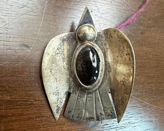 Vintage Sterling Silver Mexican Thunderbird Pendant with Black Onyx