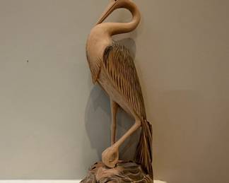 Hand-Carved Wooden Heron Sculpture