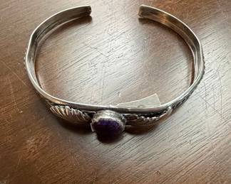 Native American Sterling Silver Amethyst Feather Cuff Bracelet