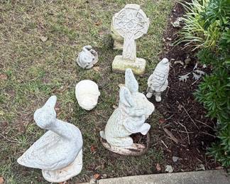 Assorted Concrete Garden Statues - Goose, Rabbit, Celtic Cross, Gnome, and Turtle
