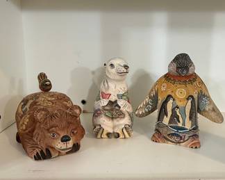 Set of 3 Hand-Carved Wooden Animal Figurines (Bear, Arctic Animal, Anthropomorphic Bird)