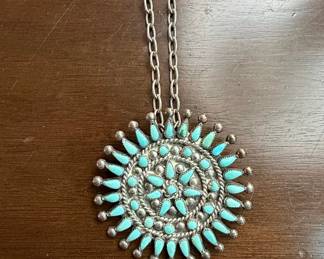 Native American Zuni Turquoise Sterling Silver Petit Point Necklace