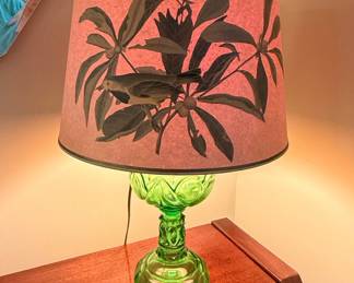 Vintage Green Glass Lamp with Floral Bird Shade