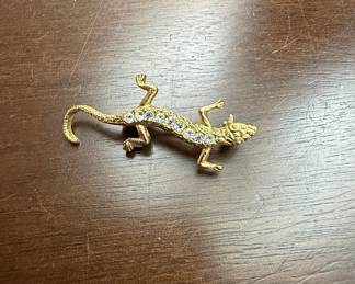 Gold-Tone Lizard Brooch with Rhinestones and Green Eyes