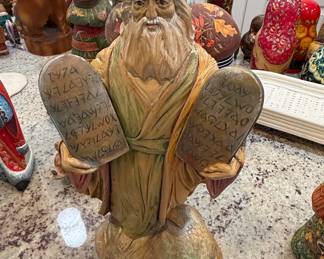 Carved Wooden Figure of Moses with the Ten Commandments, possibly Olive Wood