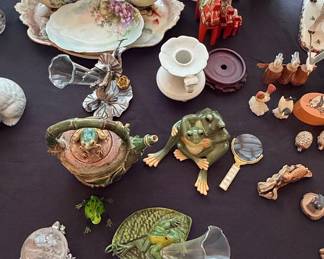 Frog-Themed Ceramic Teapot and Figurine Group