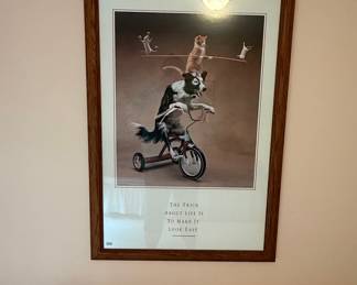 Dog, Cat, and Mice on Unicycle Framed Print with Quote