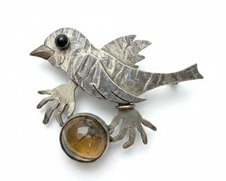Vintage Sterling Silver Mexican Bird Brooch with Tiger's Eye Stone