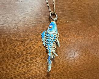 Vintage Articulated Cloisonné Enamel Fish Pendant Necklace