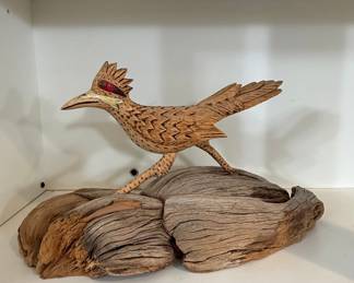 Carved Wooden Roadrunner on Driftwood Base