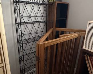 Black Metal Etagere and Wooden Folding Pet Gate