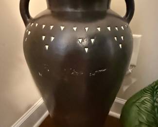 Large Dark Brown Ceramic Amphora Vase with Geometric Cutouts